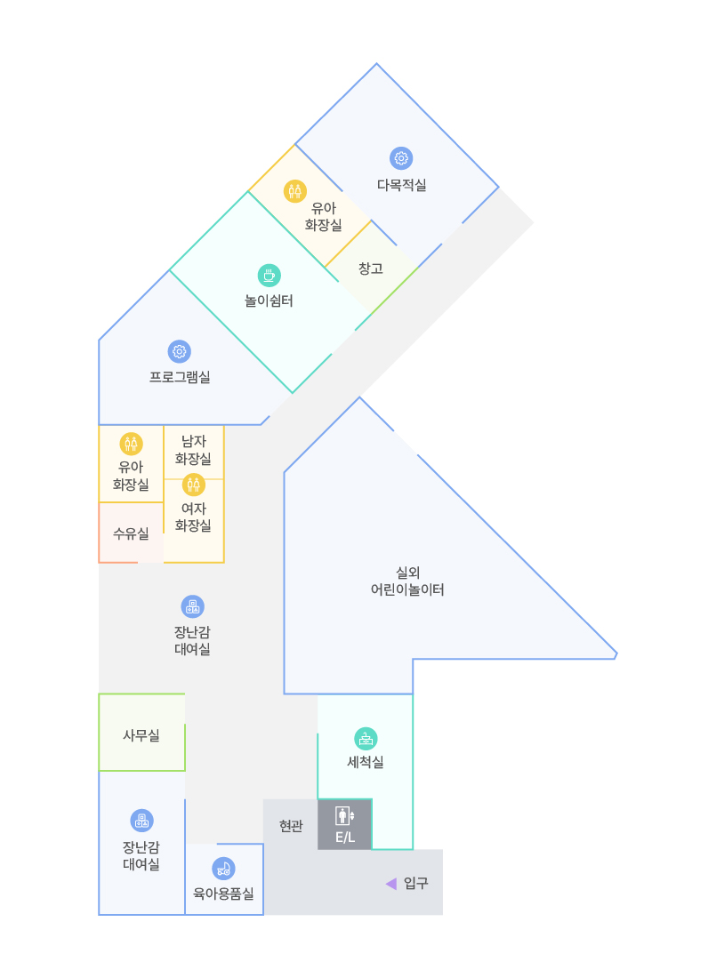 다목적실, 유아화장실, 창고, 놀이쉼터, 프로그램실, 유아화장실, 남자화장실, 수유실, 여자화장실, 장난감대여실, 실외어린이놀이터, 사무실, 세척실, 장난감대여실, 육아용품실, 엘레베이터, 입구