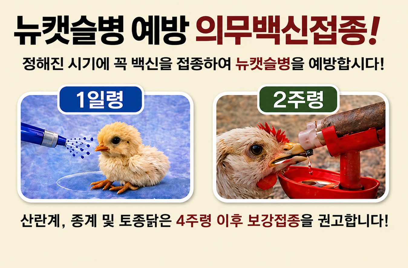 뉴캣슬병 예방 의무백신접종!  정해진 시기에 꼭 백신을 접종하여 뉴캣슬병을 예방합시다!  1일령 2주령  산란계, 종계 및 토종닭은 4주령 이후 보강접종을 권고합니다!