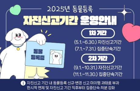 2025년 동물등록 자진신고기간 운영안내 - 1차 기간 : (5.1.~6.30.) 자진신고기간, (7.1.~7.31.)집중단속기간 - 2차 기간 : (9.1.~10.31.) 자진신고기간, (11.1.~11.30.) 집중단속기간 자진신고 기간 내 동물등록 신규·변경 신고 미이행 과태료 부과 한시적 면제 및 자진신고 기간 직후부터 집중단속·처분 강화