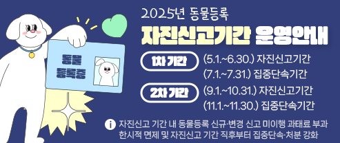 2025년 동물등록 자진신고기간 운영안내 - 1차 기간 : (5.1.~6.30.) 자진신고기간, (7.1.~7.31.)집중단속기간 - 2차 기간 : (9.1.~10.31.) 자진신고기간, (11.1.~11.30.) 집중단속기간 자진신고 기간 내 동물등록 신규·변경 신고 미이행 과태료 부과 한시적 면제 및 자진신고 기간 직후부터 집중단속·처분 강화