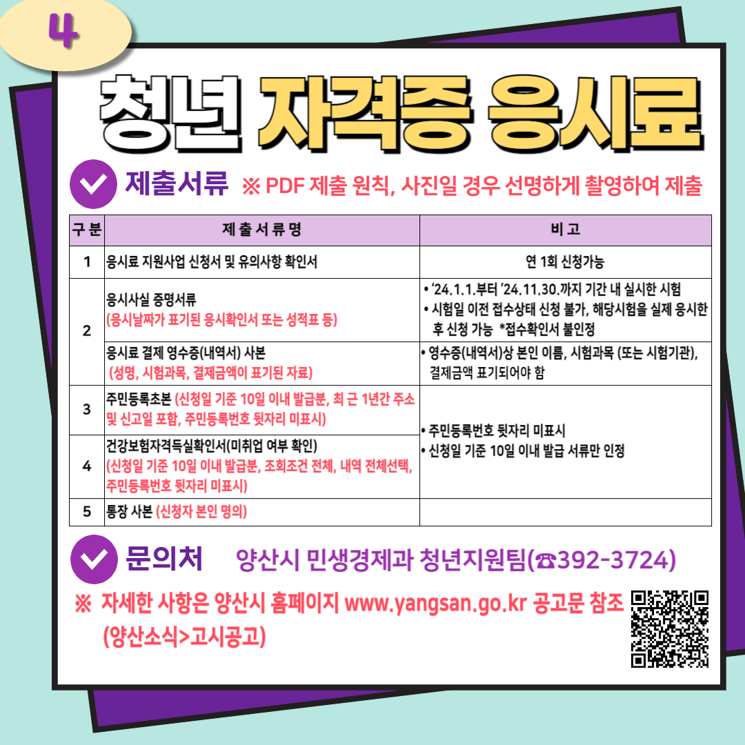 4. 청년 자격증 응시료  제출서류 ※ PDF 제출 원칙, 사진일 경우 선명하게 촬영하여 제출 구분 제출서류명 비고 1 응스료 지원사업 신청서 및 유의사항 확인서 연 1회 신청가능 2 응시사실 증명서류(응시날짜가 표기된 응시확인서 또는 성적표 등) 응시료 결제 영수증(내역서) 사본(성명, 시험과목, 결제금액이 표기된 자료) 영수증(내역서) 상 본인 이름, 시험과목(또는 시험기관), 결제금액 표기되어야 함 3. 주민등록초본(신청일 기준 10일 이내 발급분, 최근 1년간 주소 및 신고일 포함, 주민등록번호 뒷자리 미표시) 주민등록번호 뒷자리 미표시, 신청일 기준 10일 이내 발급 서류만 인정 4. 건강보험자격득실확인서(미취업 여부 확인)(신청일 기준 10일 이내 발급분, 조회조건 전체, 내역 전체선택, 주민등록번호 뒷자리 미표시) 주민등록번호 뒷자리 미표시, 신청일 기준 10일 이내 발급 서류만 인정 5. 통장 사본(신청자 본인 명의)  문의처 양산시 민생경제과 청년지원팀(☎392-3724) ※ 자세한 사항은 양산시 홈페이지 www.yangsan.go.kr 공고문 참조(양산소식>고시공고) QR코드